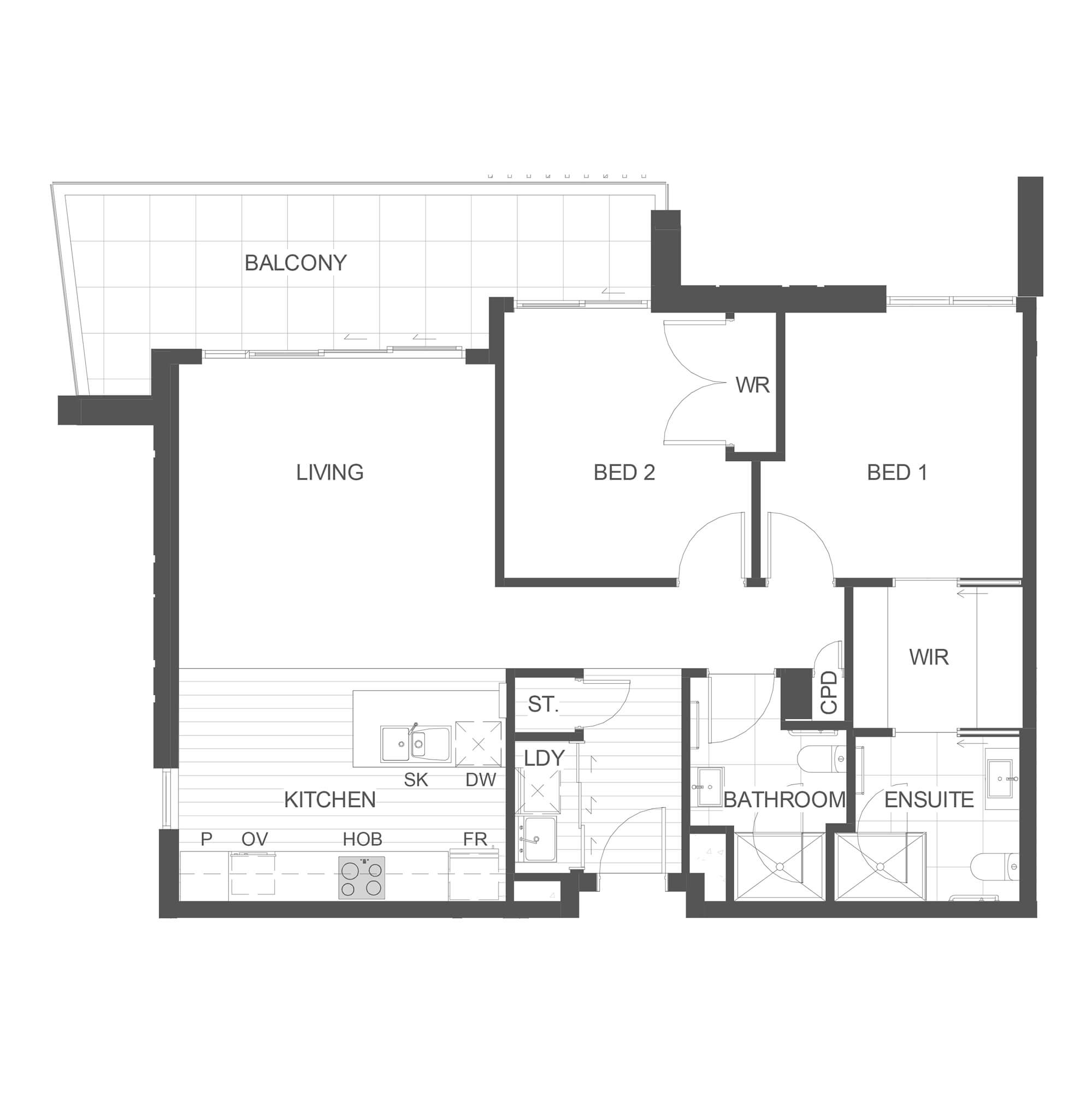 Simple architectural floor plan for apartment 102 in the Rimu Building.