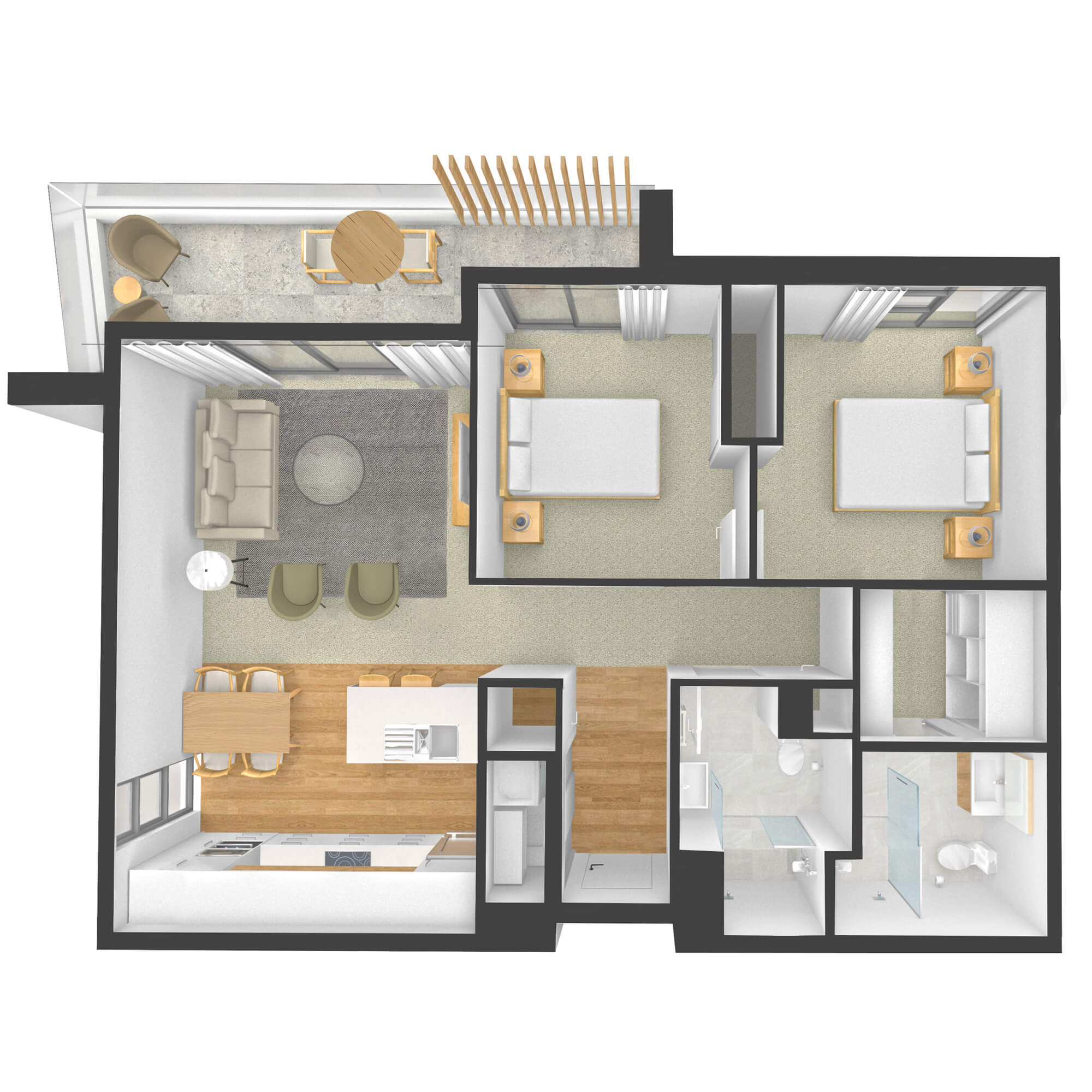 Isometric rendered floor plan for apartment 102 in the Rimu Building.