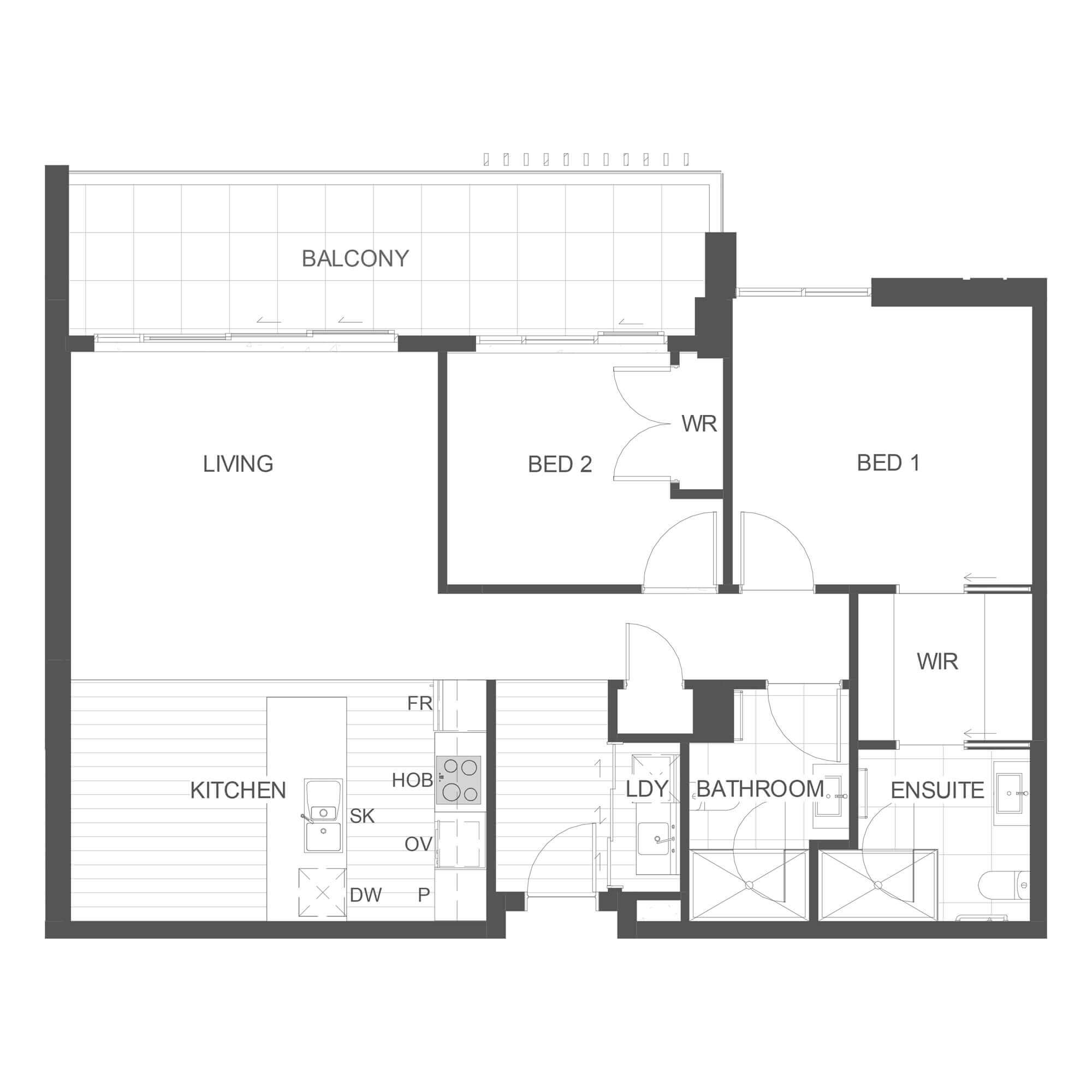 Simple architectural floor plan for apartment 105 in the Rimu Building.