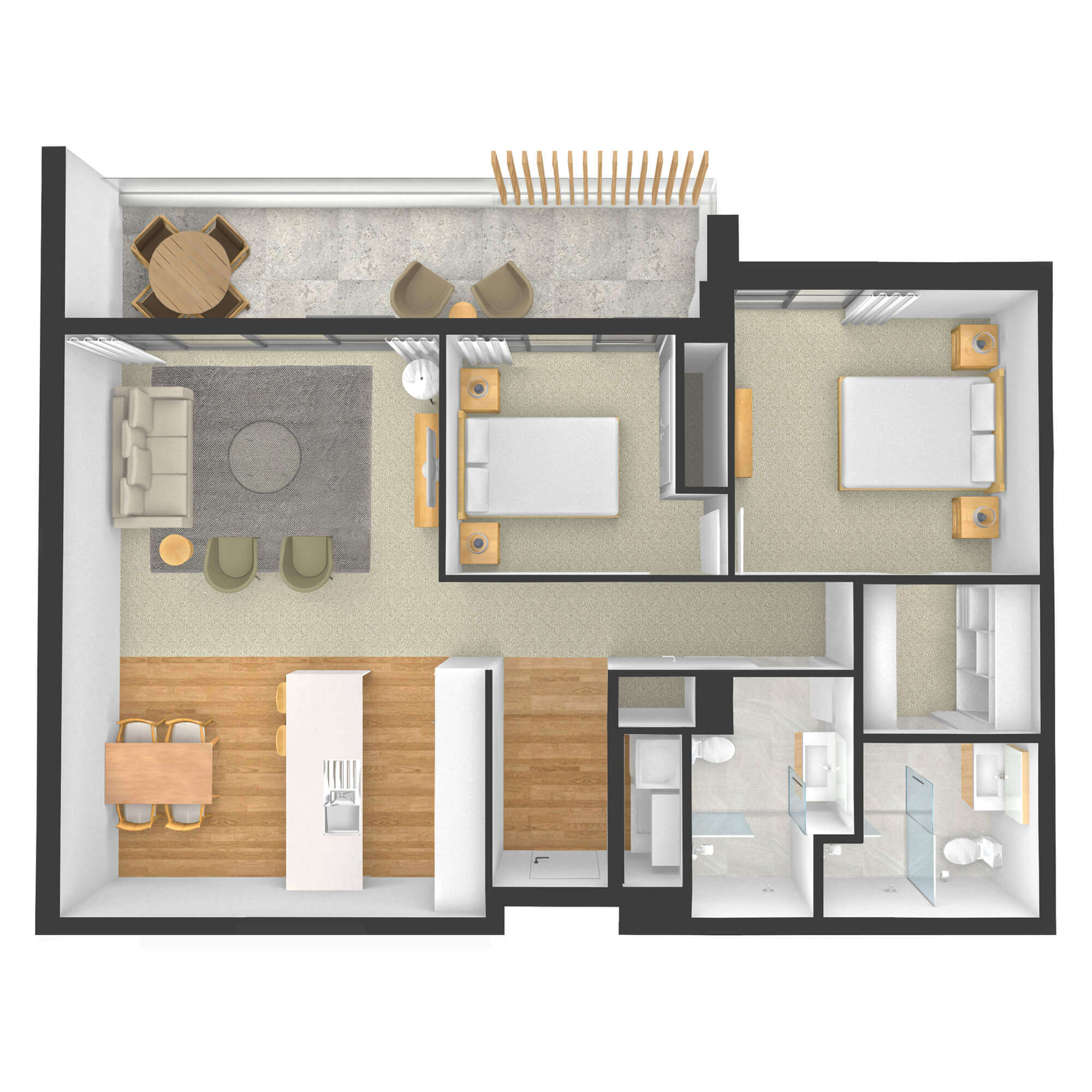 Isometric rendered floor plan for apartment 105 in the Rimu Building.