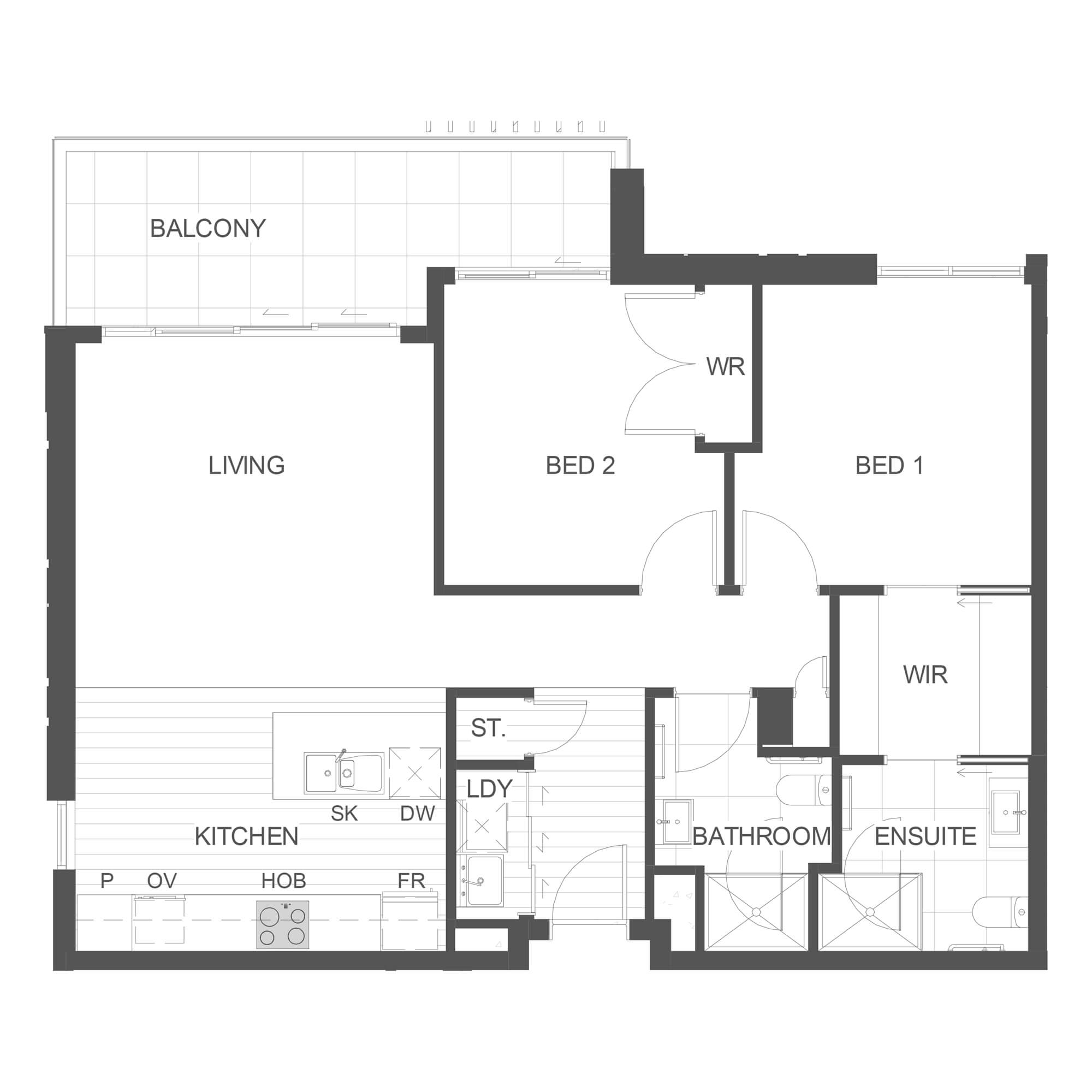 Simple architectural floor plan for apartment 202 in the Rimu Building.