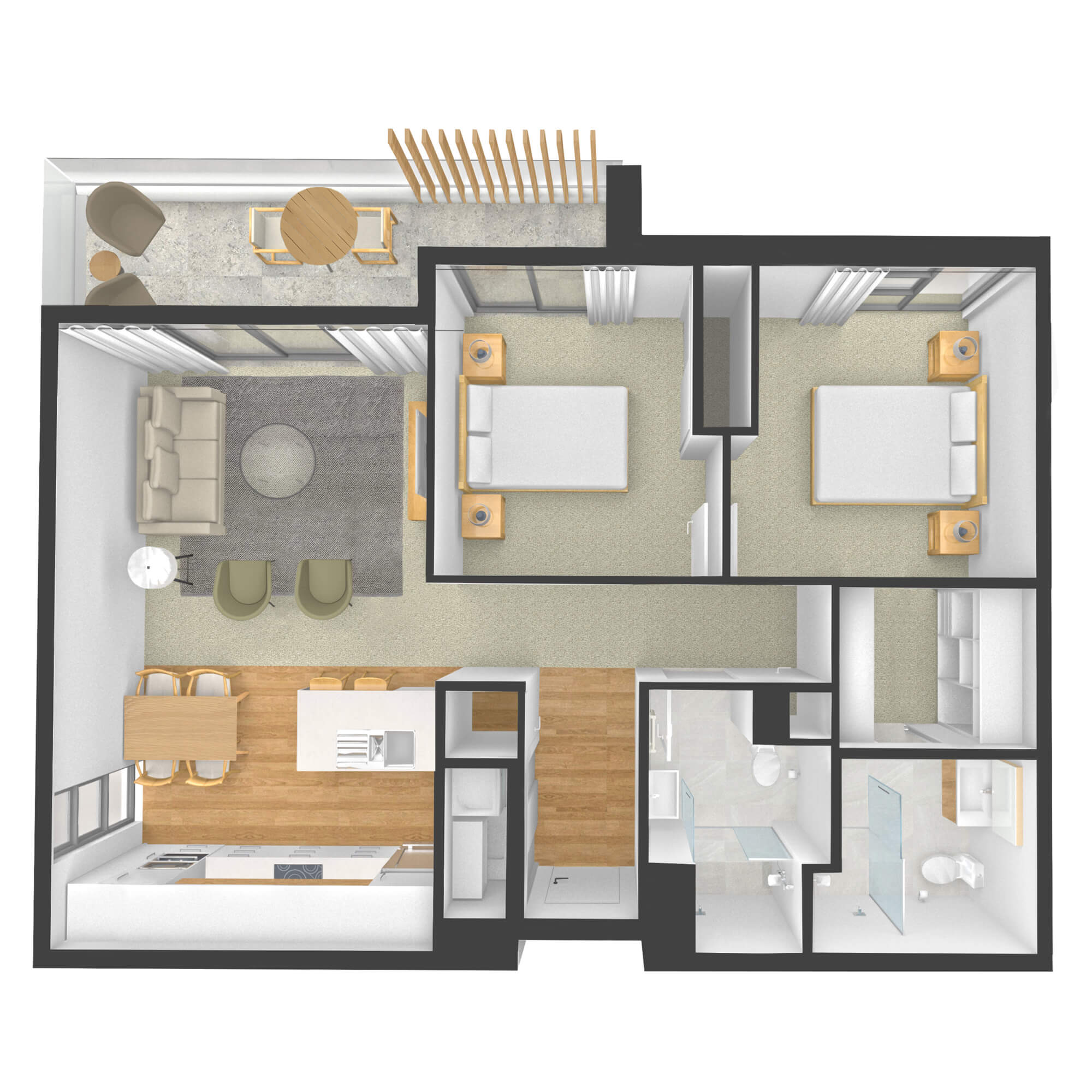 Isometric rendered floor plan for apartment 202 in the Rimu Building.