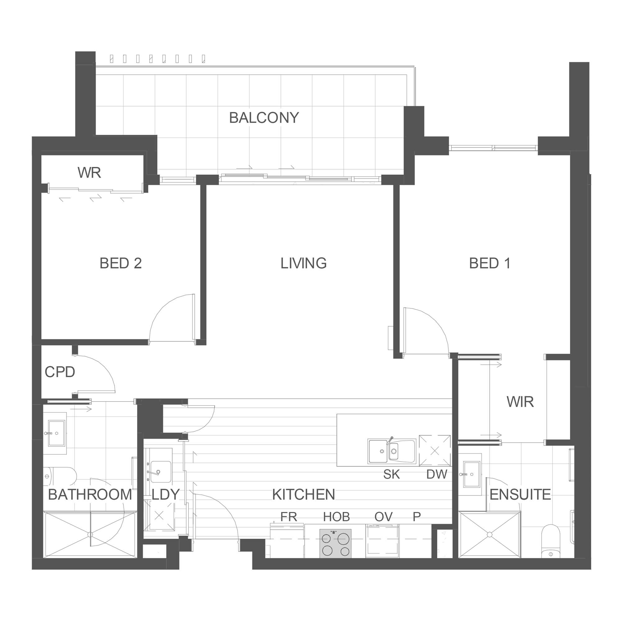 Simple architectural floor plan for apartment 204 in the Rimu Building.