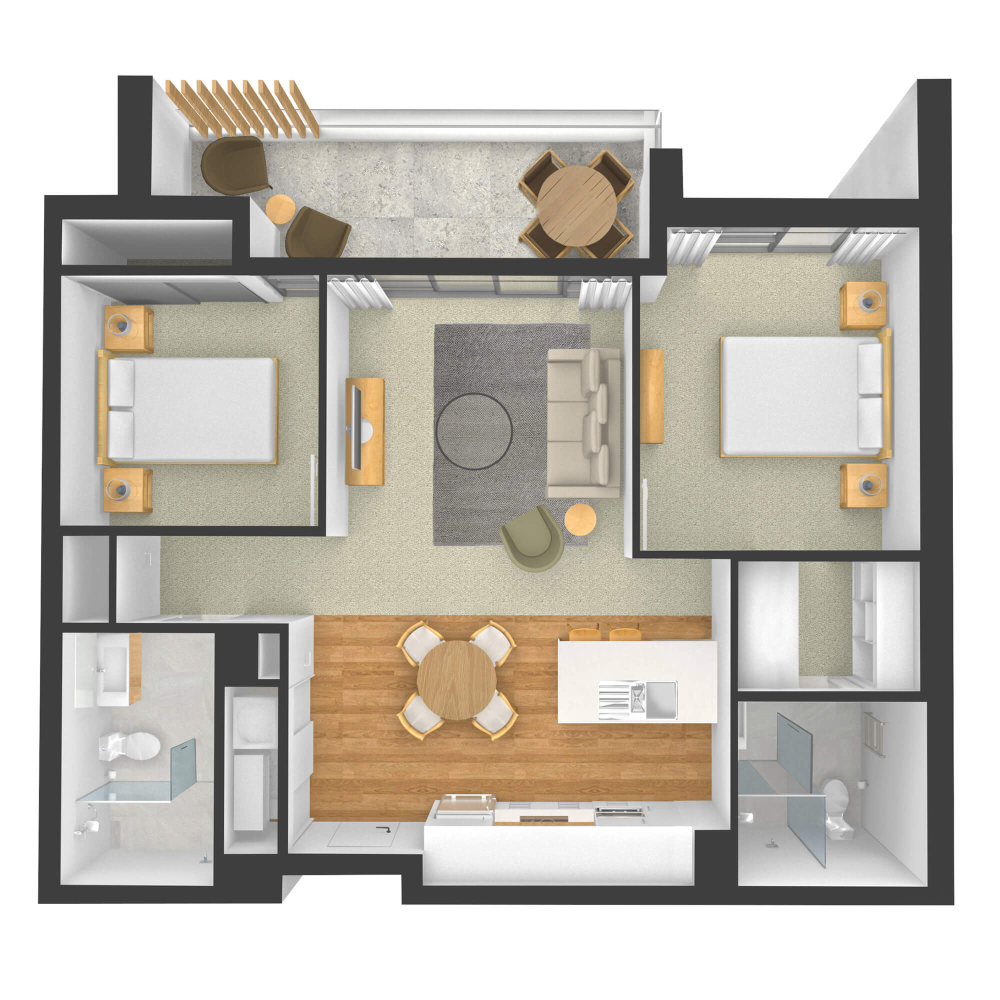 Isometric rendered floor plan for apartment 204 in the Rimu Building.