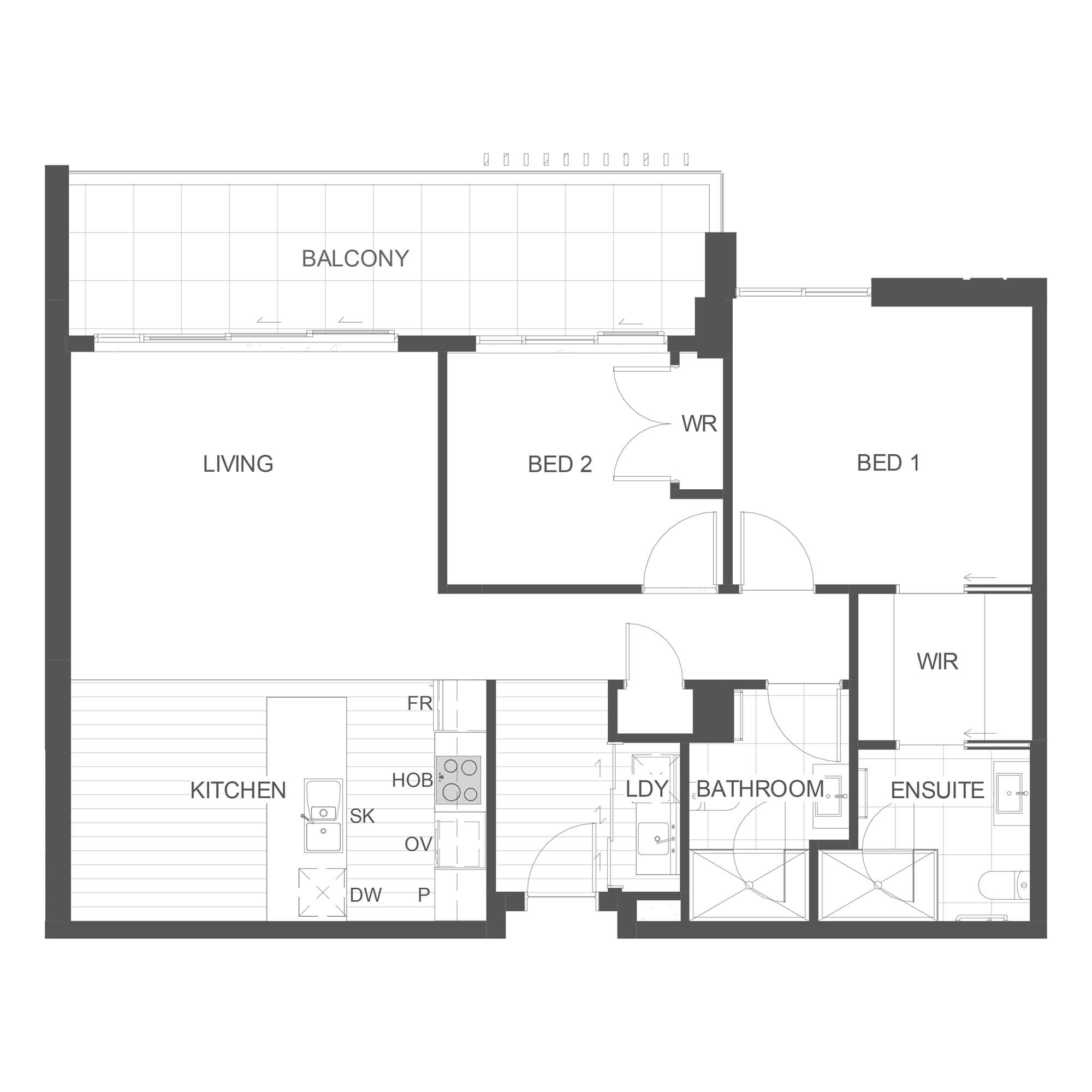 Simple architectural floor plan for apartment 205 in the Rimu Building.