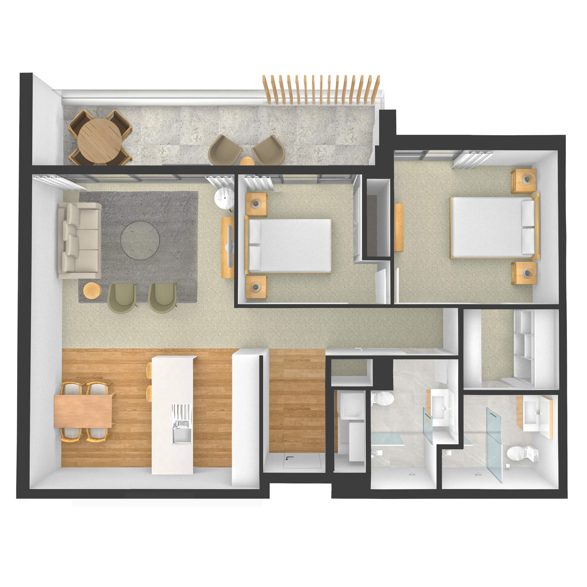 Isometric rendered floor plan for apartment 205 in the Rimu Building.