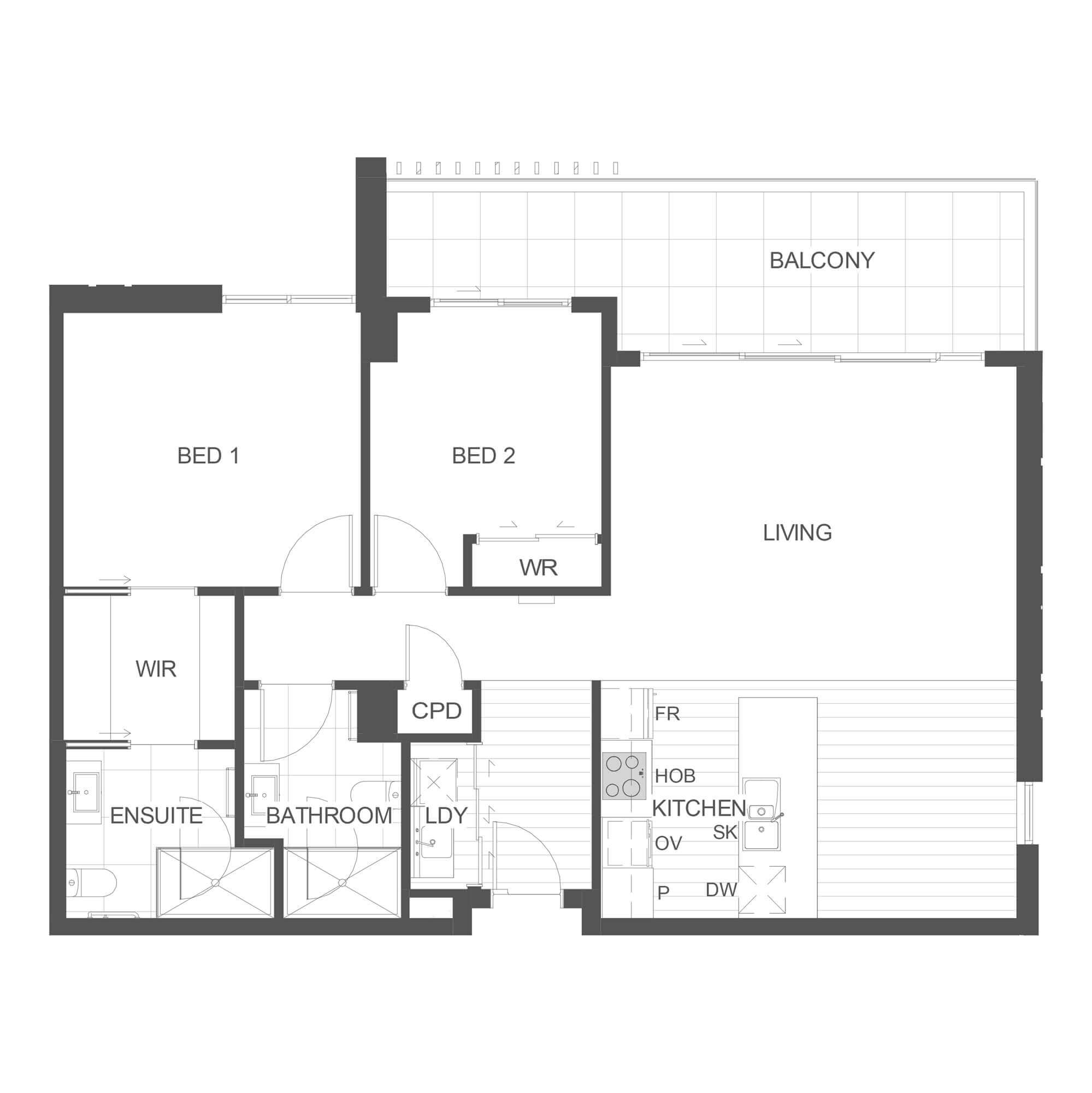 Simple architectural floor plan for apartment 206 in the Rimu Building.