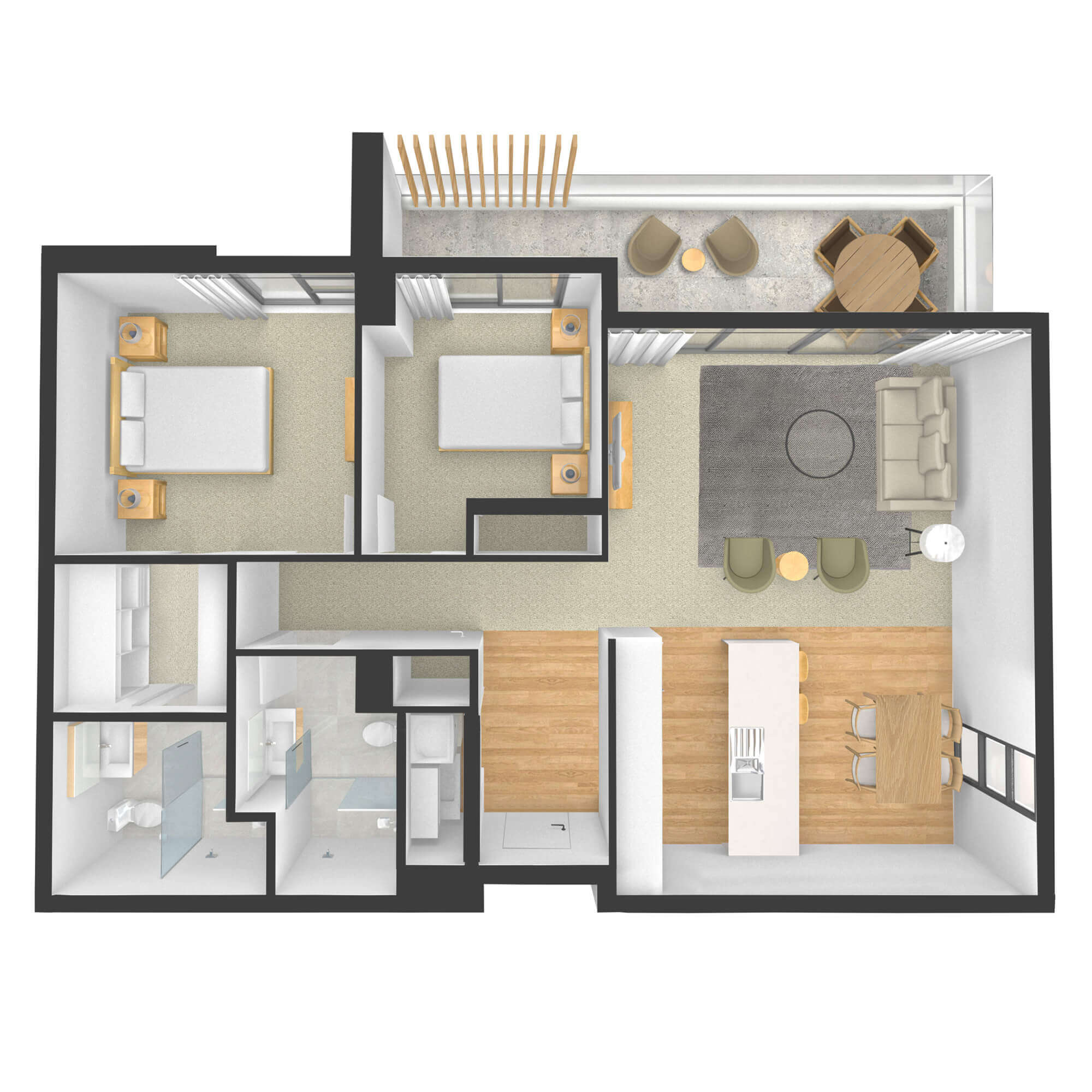 Isometric rendered floor plan for apartment 206 in the Rimu Building.