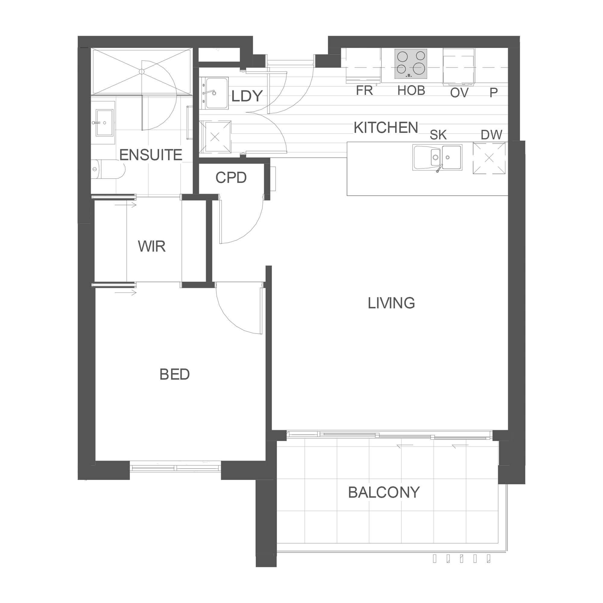 Simple architectural floor plan for apartment 208 in the Rimu Building.