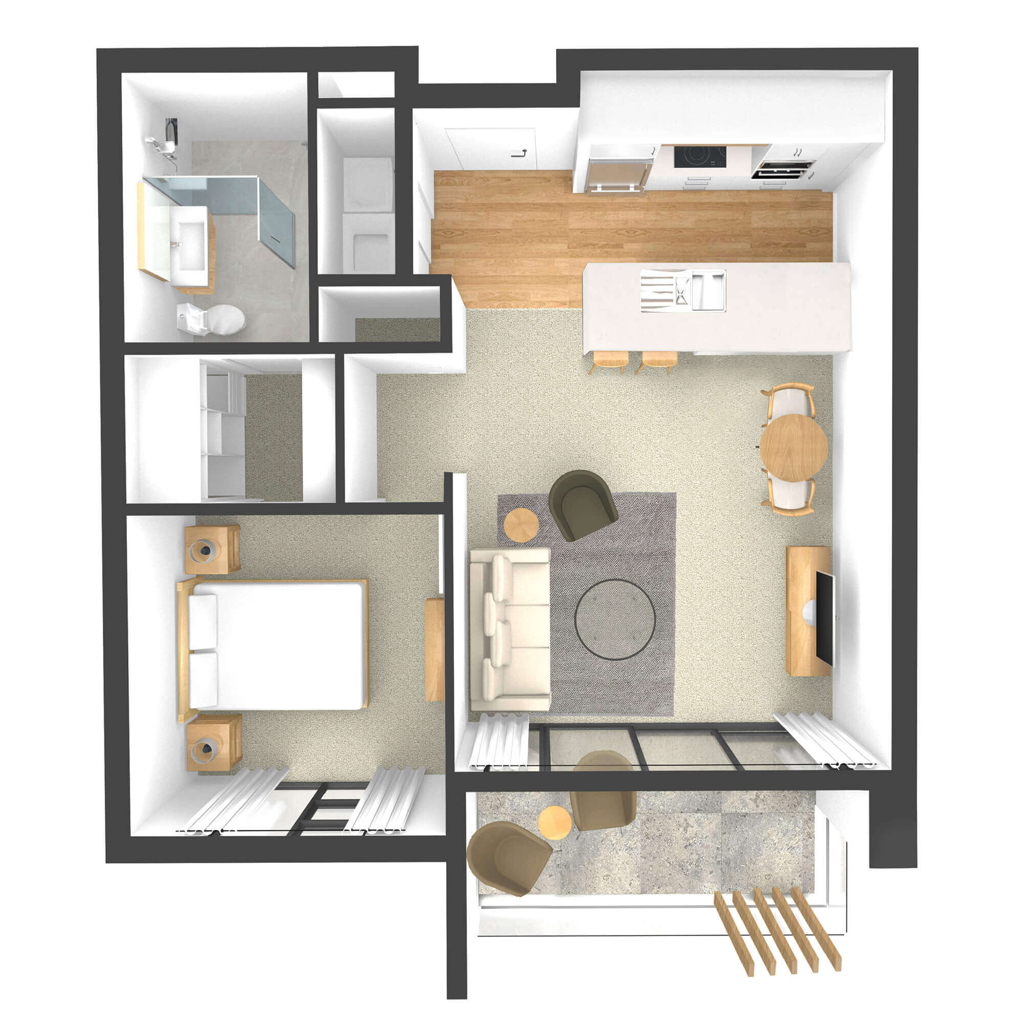 Isometric rendered floor plan for apartment 208 in the Rimu Building.