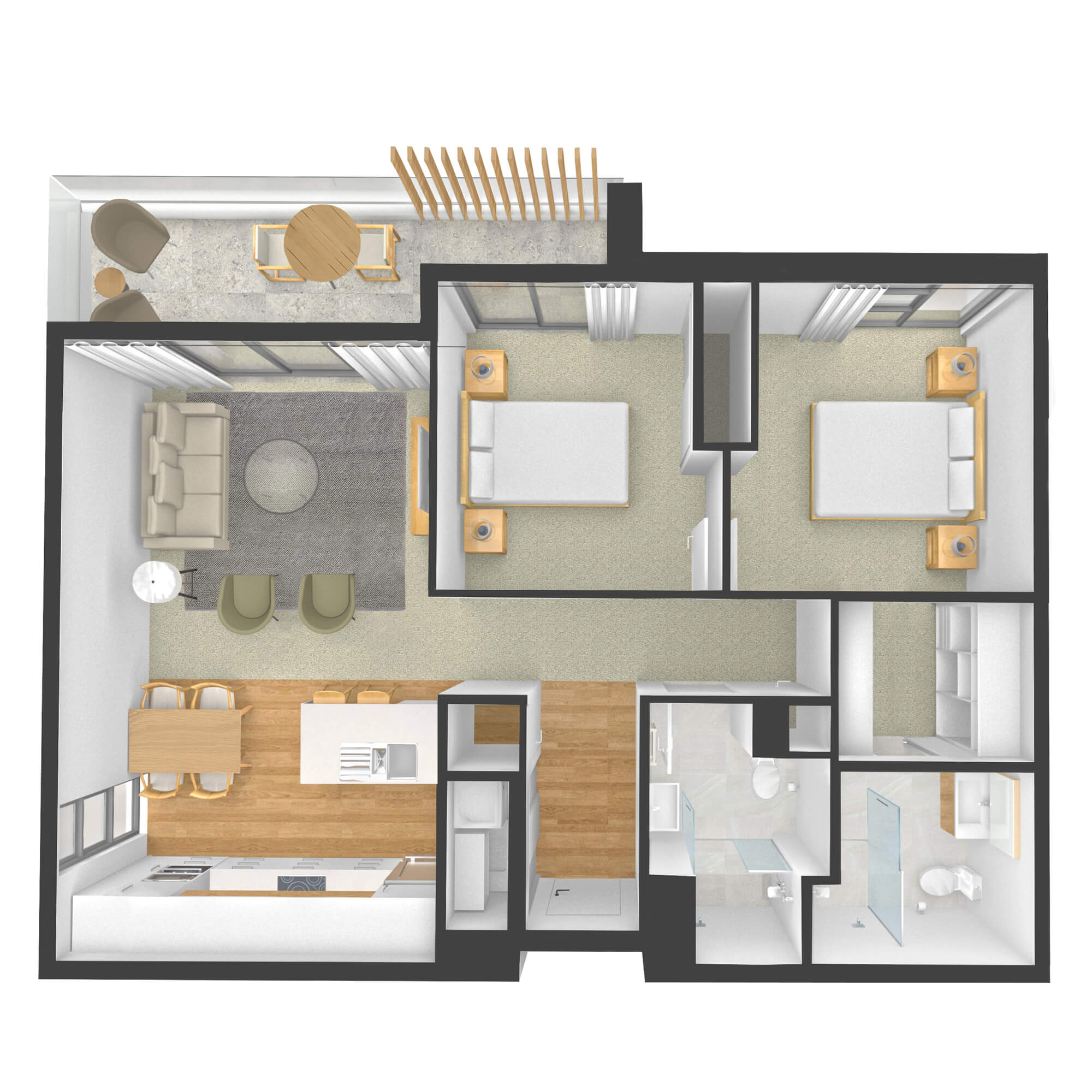 Isometric rendered floor plan for apartment 302 in the Rimu Building.