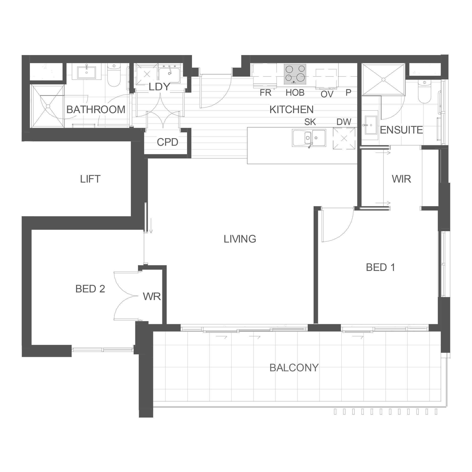 Simple architectural floor plan for apartment 305 in the Rimu Building.