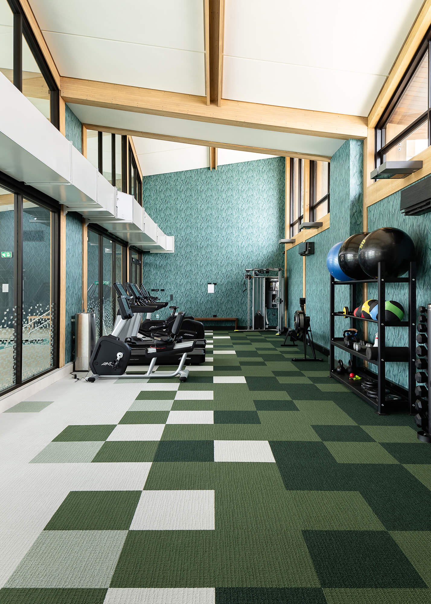 Well-lit space with green tiled carpet houses cardio equipment, gym weights and yoga balls.